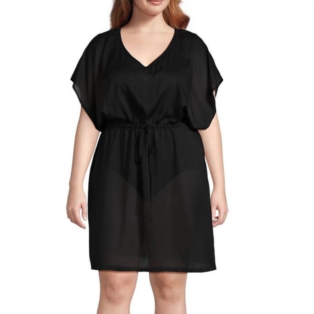 Lands' End M-L black Oversized Black Gathered Waist Swim Cover-up Dress